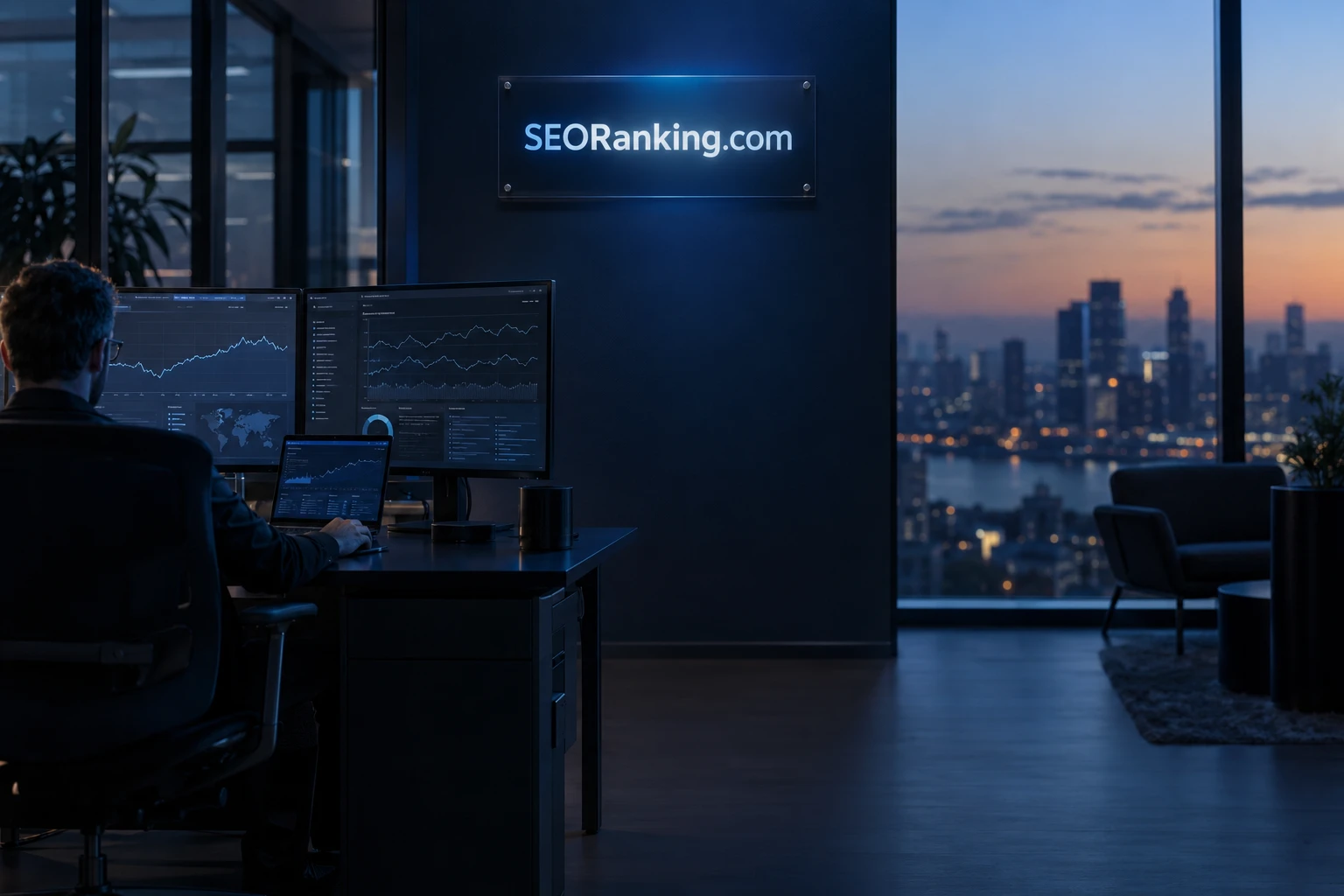 An analyst at a search measurement workstation beneath SEORanking.com signage